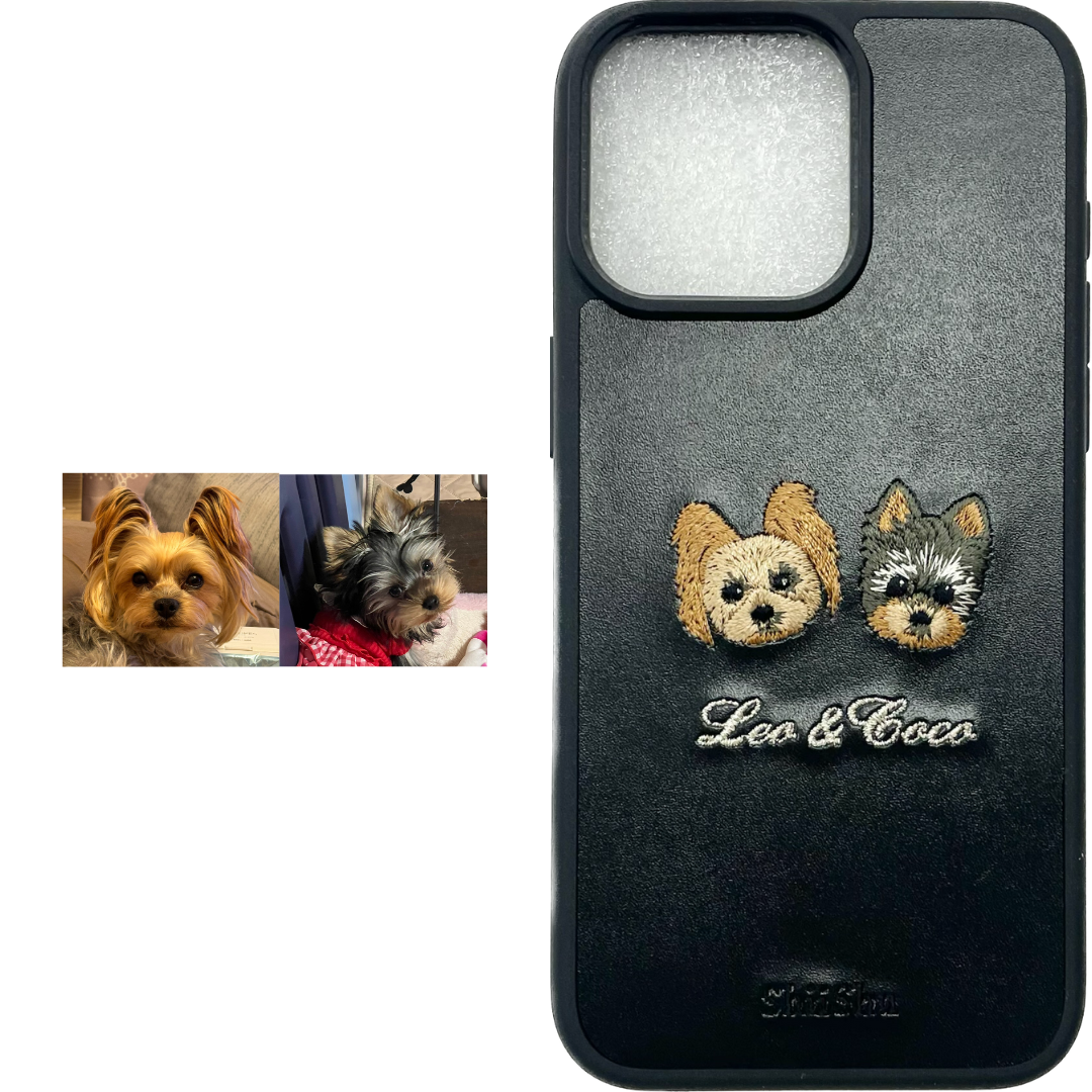 &lt;COMMANDE de travaux&gt; Étui pour smartphone brodé [Yorkshire Terrier (LEO &amp; COCO) - Style d'illustration] Étui iPhone ShiiShu, compatible type notebook